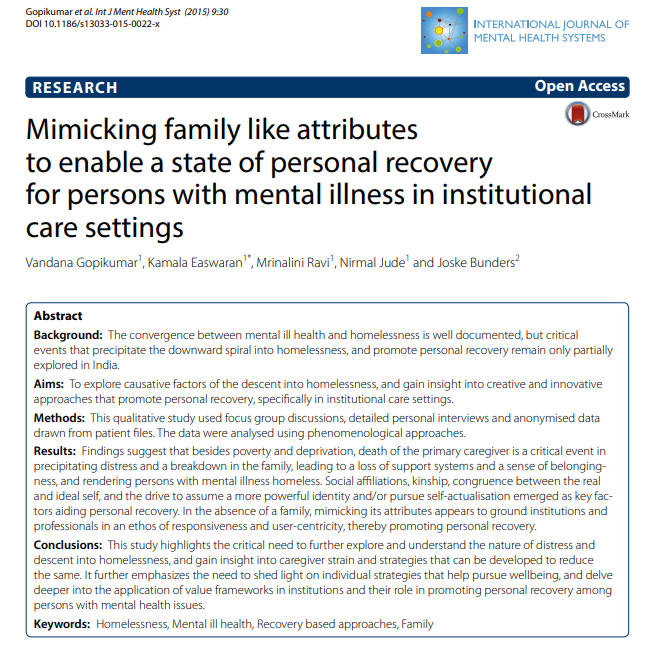 Mimicking family like attributes to enable a state of personal recovery for persons with mental illness in institutional care settings featured image