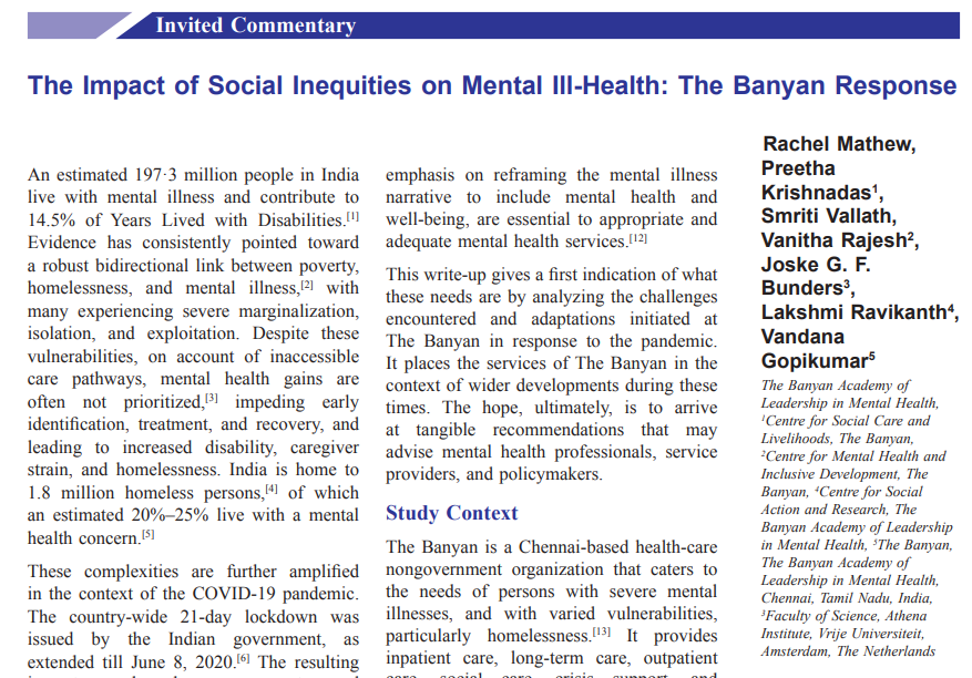 The Impact of Social Inequities on Mental Ill-Health: The Banyan Response featured image