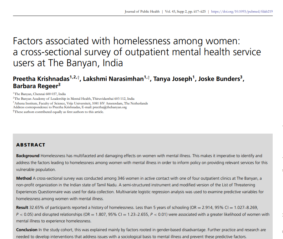 Factors associated with homelessness among women: a cross-sectional survey of outpatient mental health service users at The Banyan, India featured image