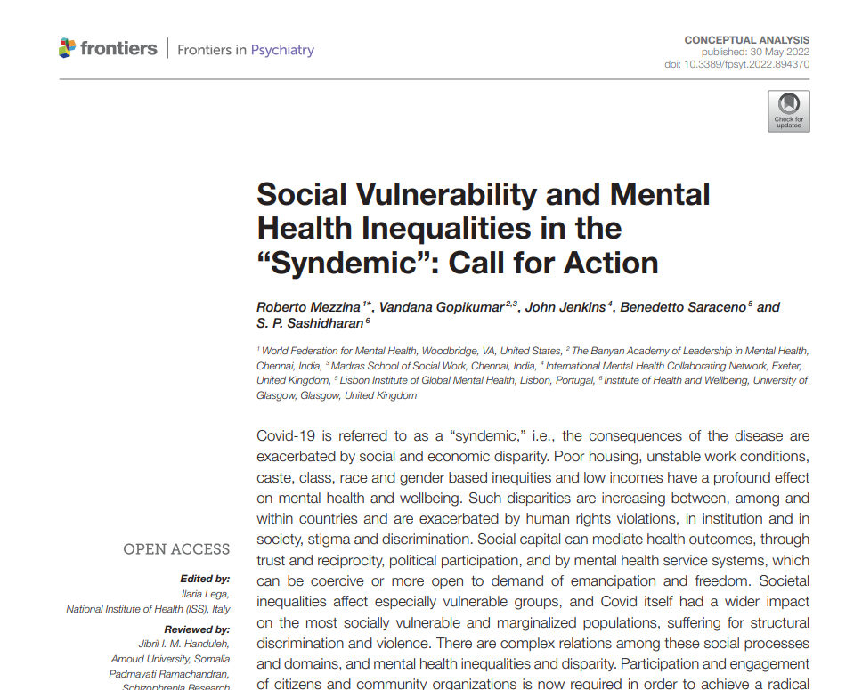 Social Vulnerability and Mental Health Inequalities in the “Syndemic”: Call for Action featured image